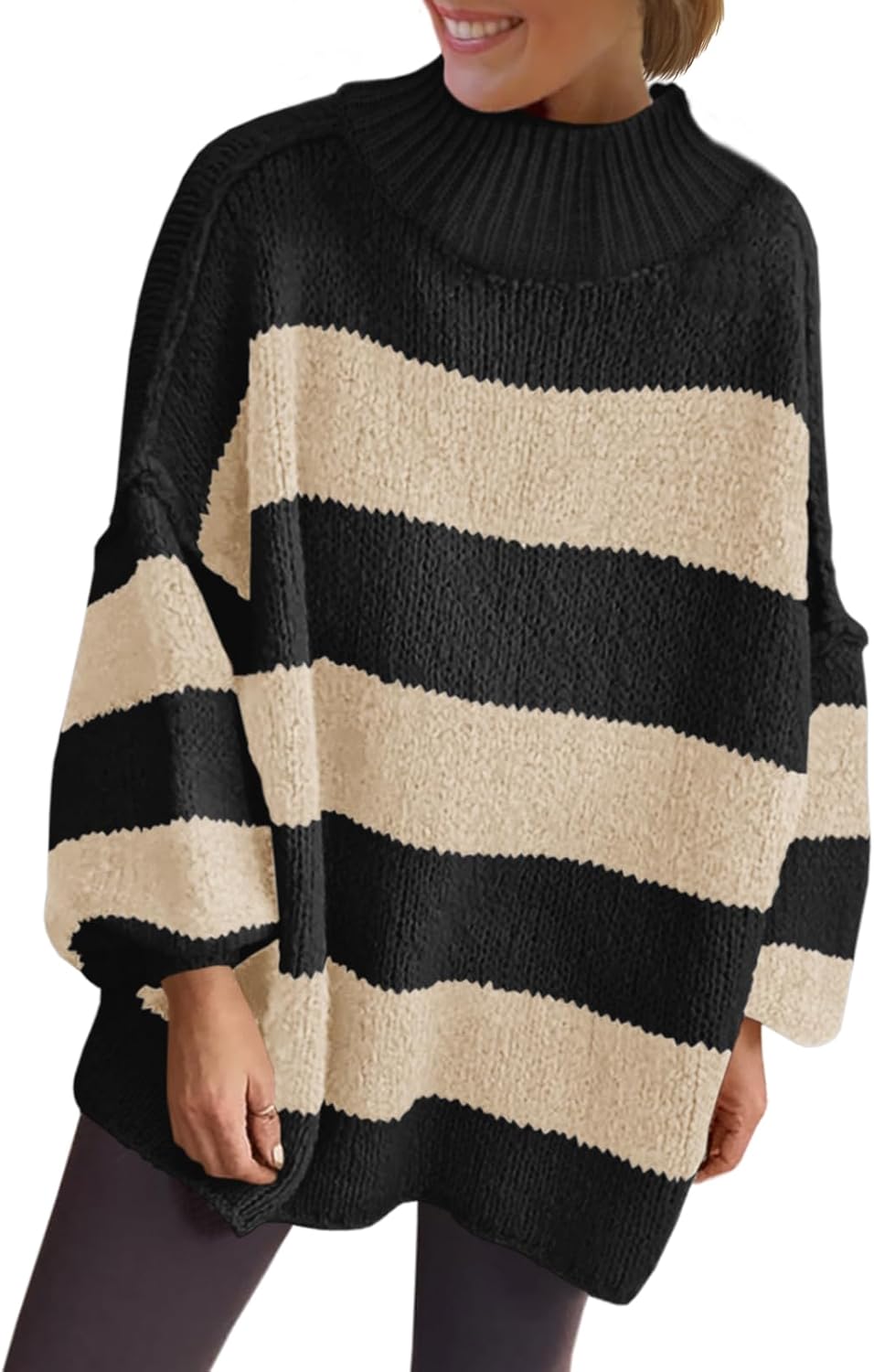 Oversized Striped Sweater for Women - Trendy Mock Neck Design