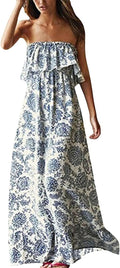 Women's Blue White Porcelain Off Shoulder Maxi Dress - Lightweight