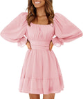 Women's Lantern Sleeve Square Neck Mini Dress - Tie Back, Smocked