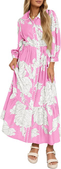 Wenrine Womens Maxi Shirt Dress Casual Floral Collared - Easy