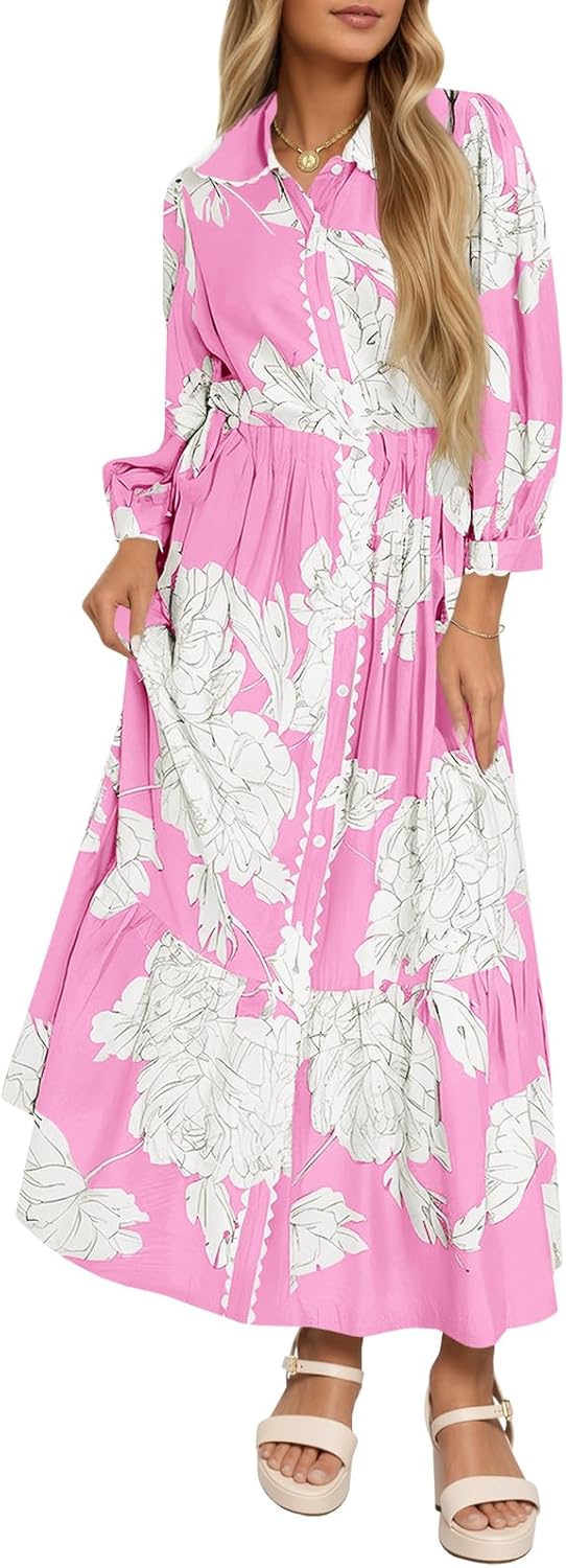 Womens Maxi Shirt Dress Casual Floral Collared Long Sleeve