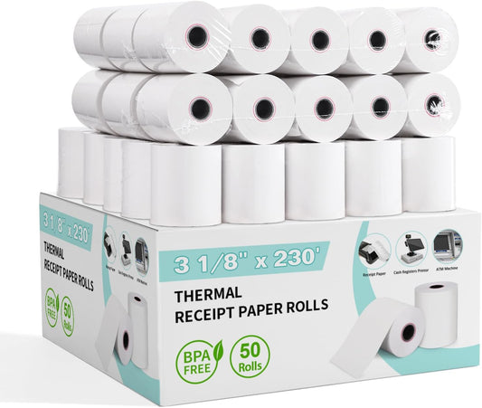 Pony Packaging Thermal Receipt Paper - 3 1/8 x 230, 50 Rolls - Compatible with ALL POS