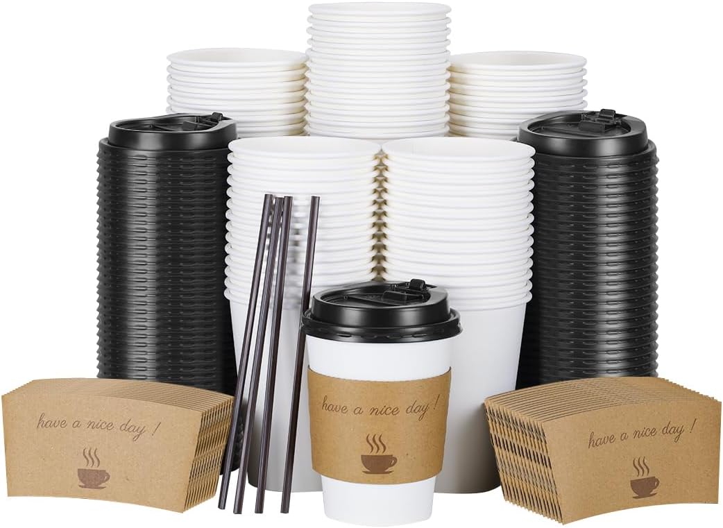 BYSNOW 100-Pack 12oz Hot Coffee Cups with Lids - Scald Resistant To-Go Cups for Home, Office, & Parties