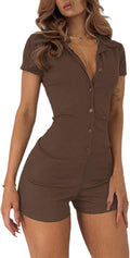 LilyCoco Womens Button Up Bodycon Romper Shorts - Flattering Ribbed
