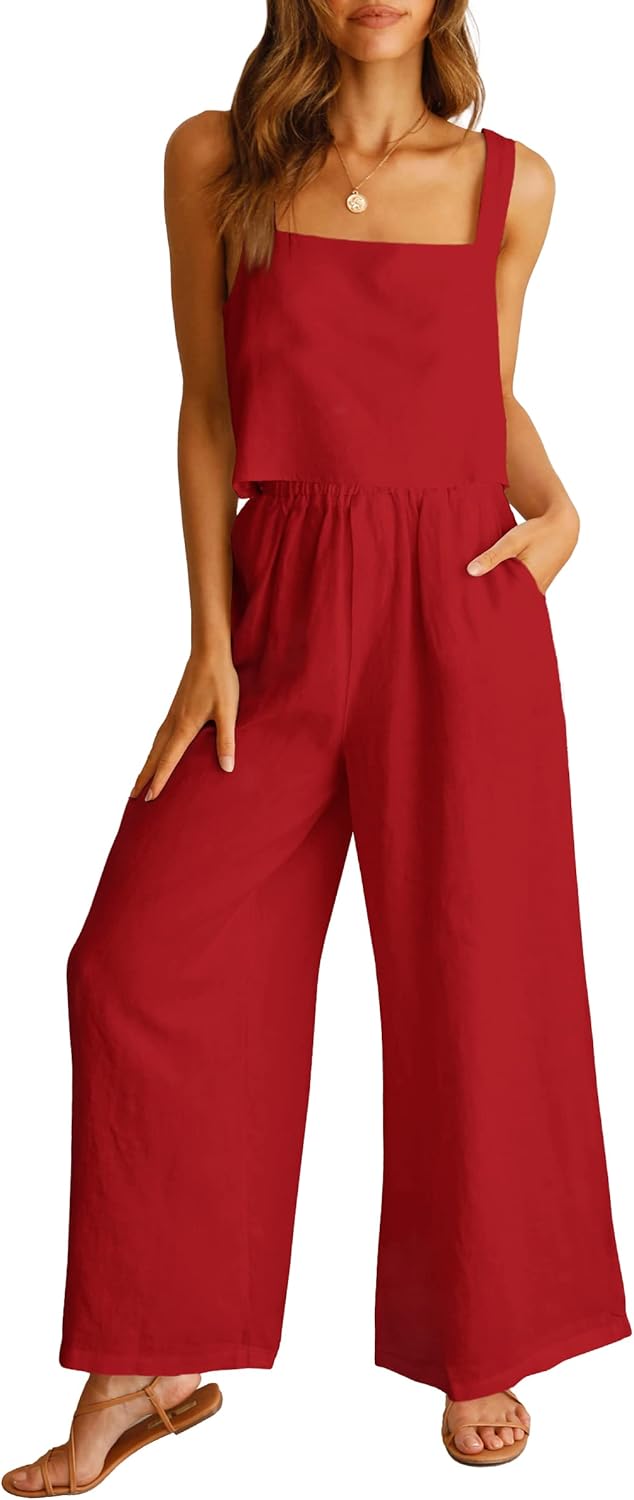 ANRABESS Women's 2 Piece Linen Pants Jumpsuit Set for Summer