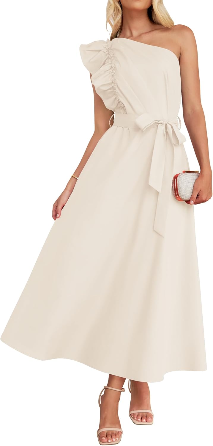 ZESICA Women's One Shoulder Ruffle Maxi Dress for Summer Fun
