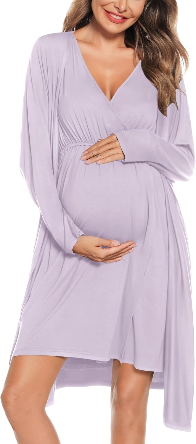 SWOMOG Women Maternity Nursing Gown and Robe Set for Comfort