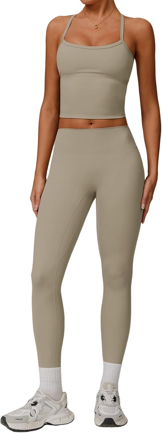 Womens Workout Sets Two Piece Cross Back Tank Top Leggings