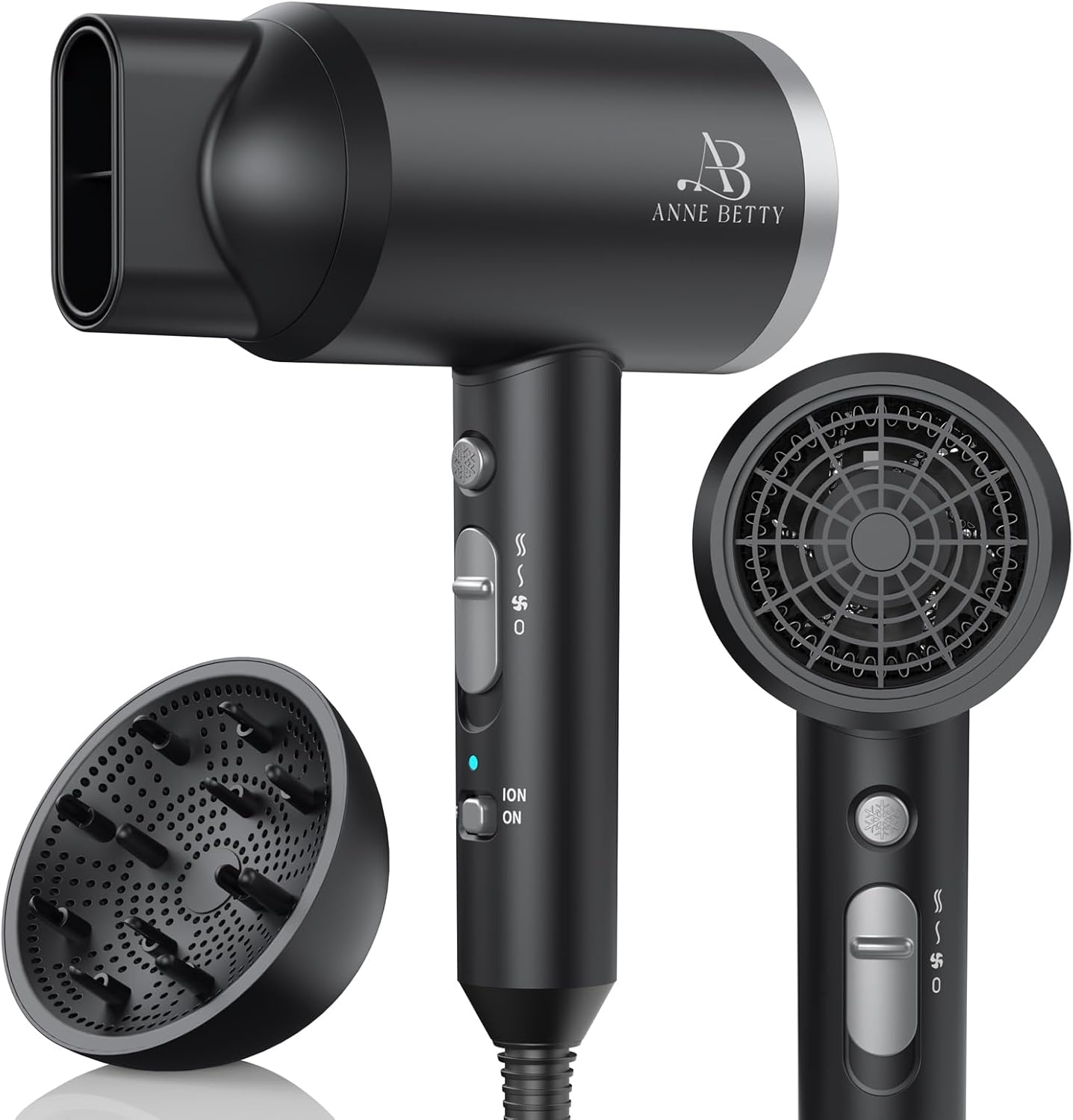 Ionic Hair Dryer with Diffuser for Fast-Drying and Styling