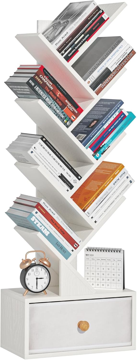 8 Tier Tree Bookshelf with Drawer for Narrow Spaces - Sweet White