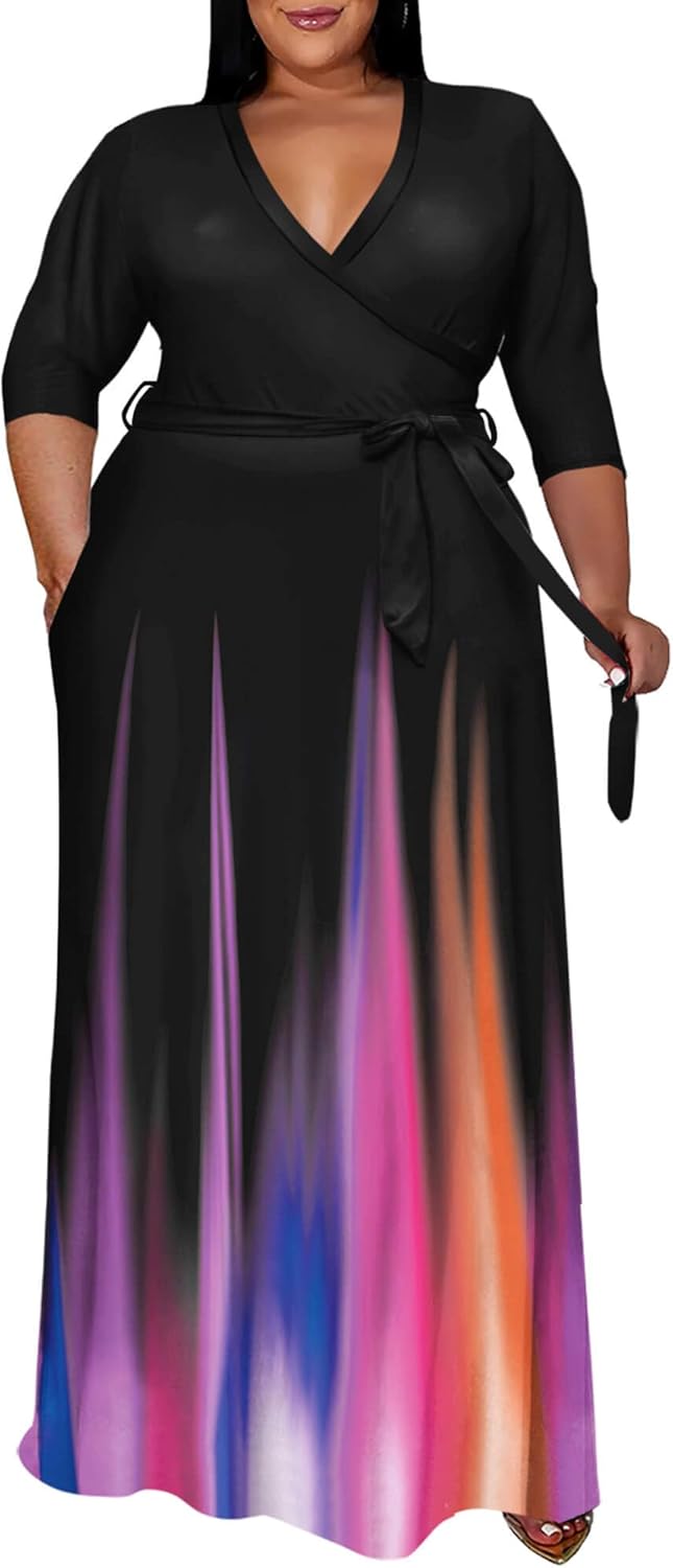 Runwind Plus Size Dress for Women - Elegant V Neck Maxi Style