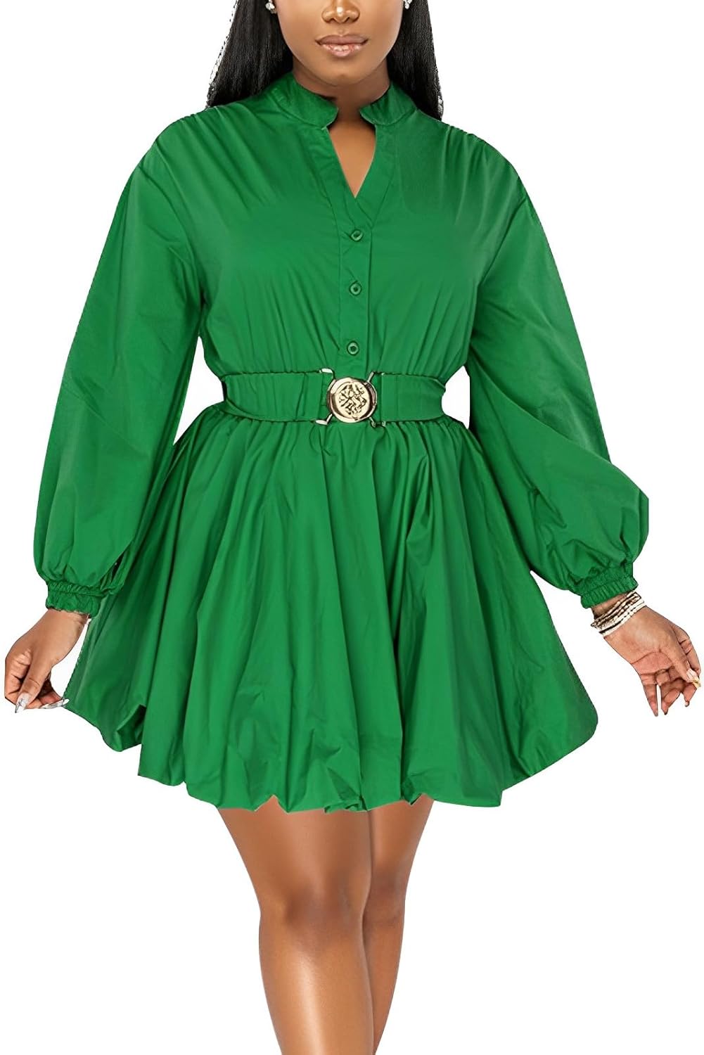 ENOPINK Womens Mini Dress Puff Sleeve Button Down Party Wear