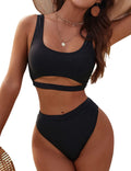 Women's High Waisted Black Bikini Set - Sporty Cut Out