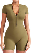 Women Short Sleeve Workout Jumpsuit Zip Up Romper - Bodycon Fit refer