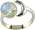 Rainbow Moonstone Crescent Moon Ring - Adjustable Sterling Silver June
