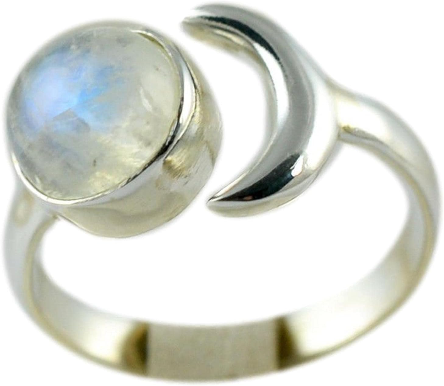 Rainbow Moonstone Crescent Moon Ring - Adjustable Silver Jewelry