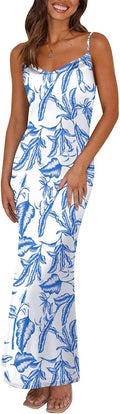 Women's Floral Spaghetti Strap Maxi Dress - Stretch, Backless Fit