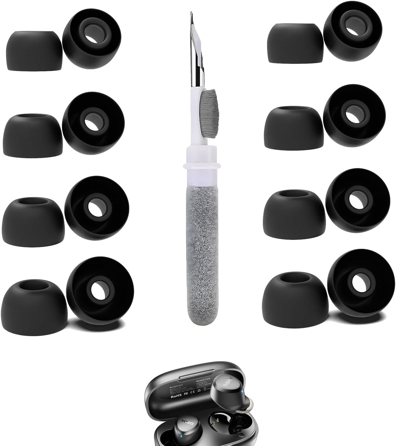 Tozo A1 Ear Tips | 8 Pairs + Cleaner Kit | Silicone, XS-L | Vykyntow
