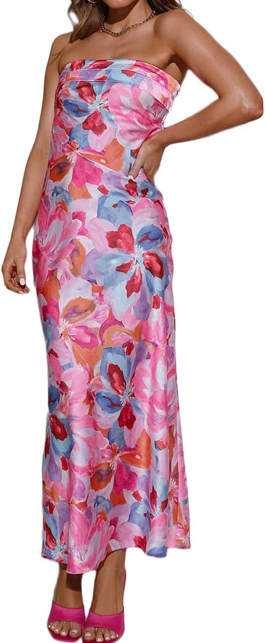 Realtix Satin Silk Backless Tube Tops Maxi Dress for Women