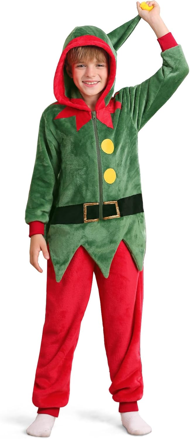 Kids Christmas Costume Flannel Hooded Outfits for Ages 4-14