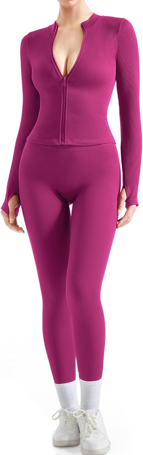 SUUKSESS Women 2 Piece Seamless Ribbed Workout Sets for Fitness