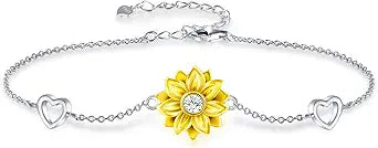 Sterling Silver Sunflower Bracelet for Women with Heart Charm