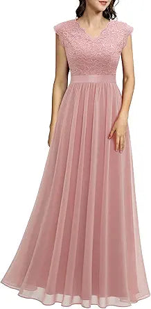 Elegant V Neck Sleeveless Lace Bridesmaid Dress for Weddings