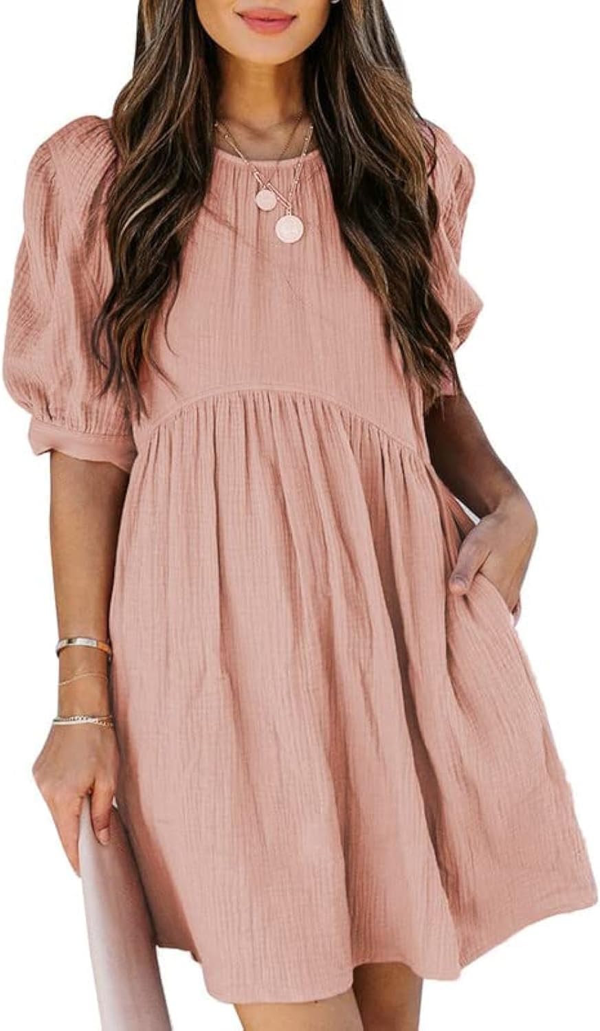Dokotoo Womens Summer Puff Sleeve Babydoll Mini Dress with Pockets