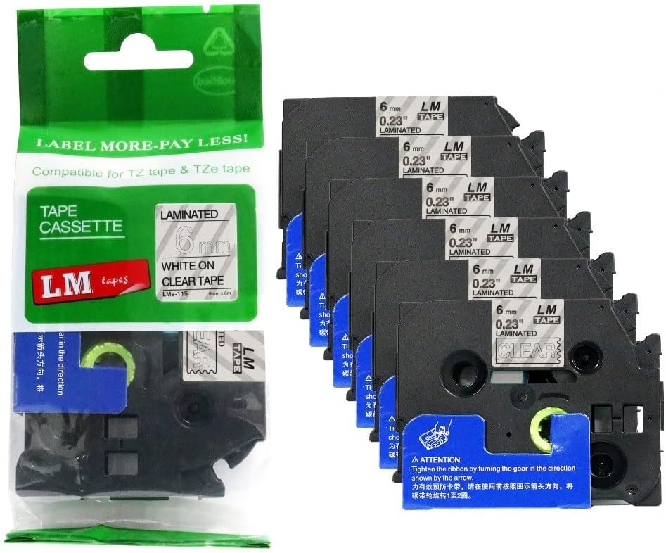 6/Pack LM Tapes - Premium 1/4 White Print on Clear Labels