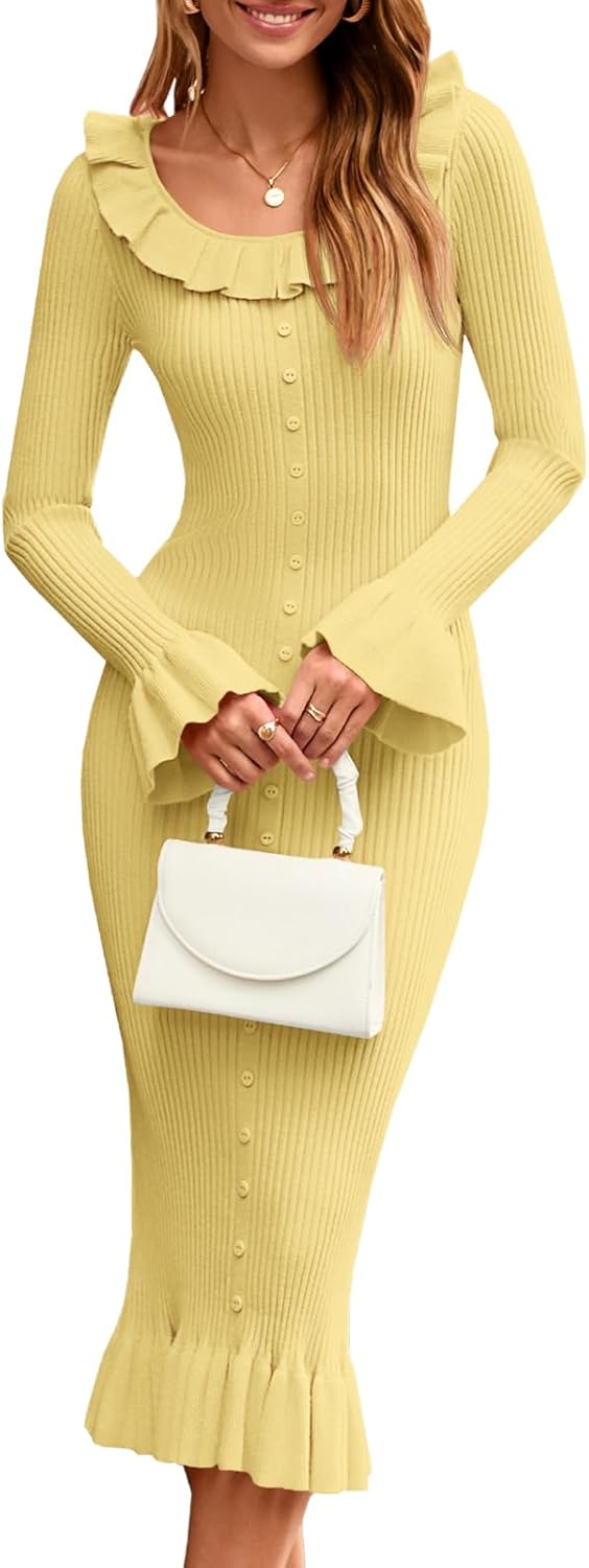 Womens Bell Long Sleeve Sweater Dress with Ruffle Details