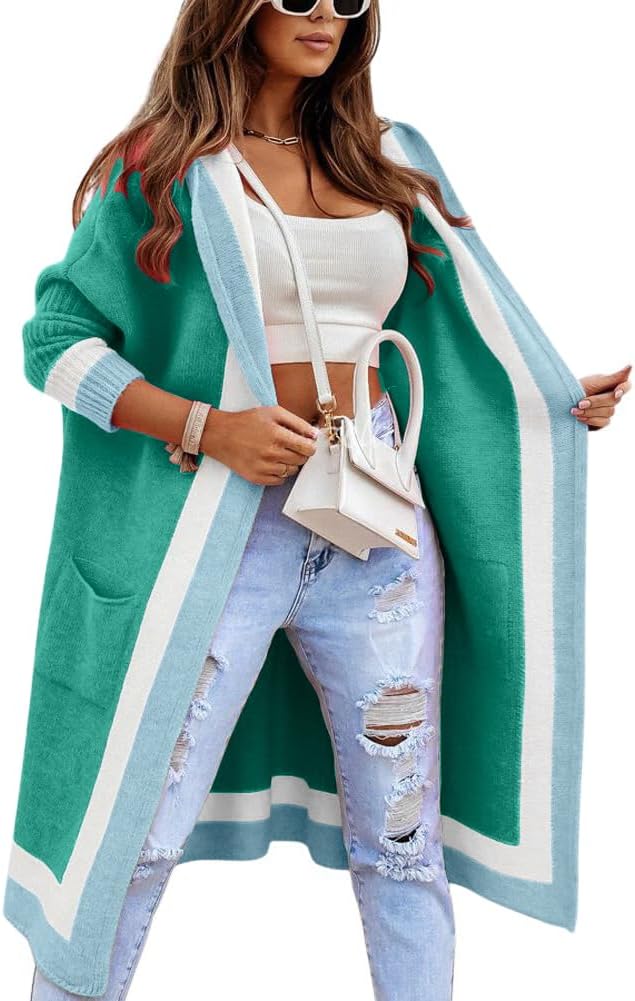 Chouyatou Women's Color Block Oversized Hooded Cardigan Sweater
