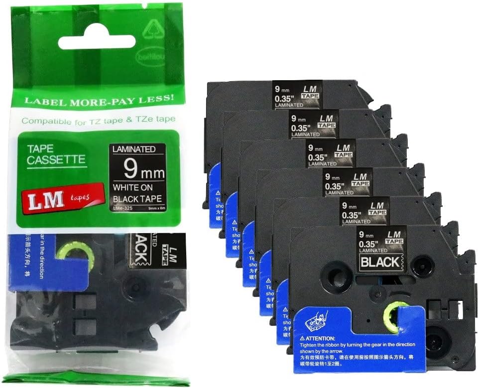 6/Pack LM Tapes LMe-325 Premium 3/8in White Print on Black
