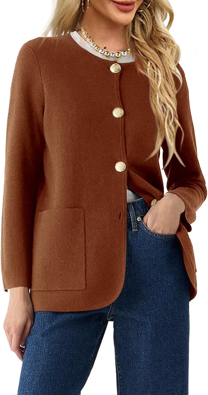 Langwyqu Womens Crew Neck Button Down Cardigan Sweater Blazer