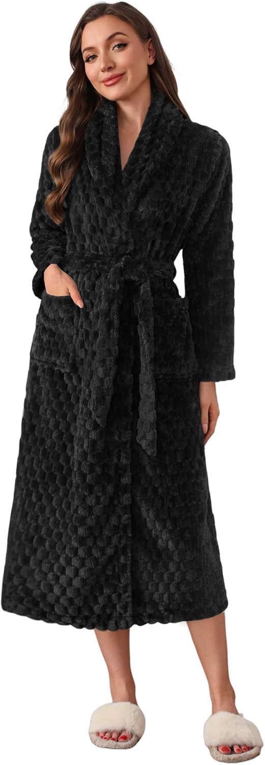 Ekouaer Women's Long Plush Bathrobe with Shawl Collar and Pockets