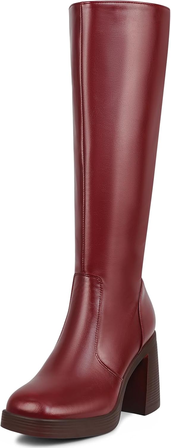 SOVANYOU Black Leather Platform Boots for Women with Chunky Heels