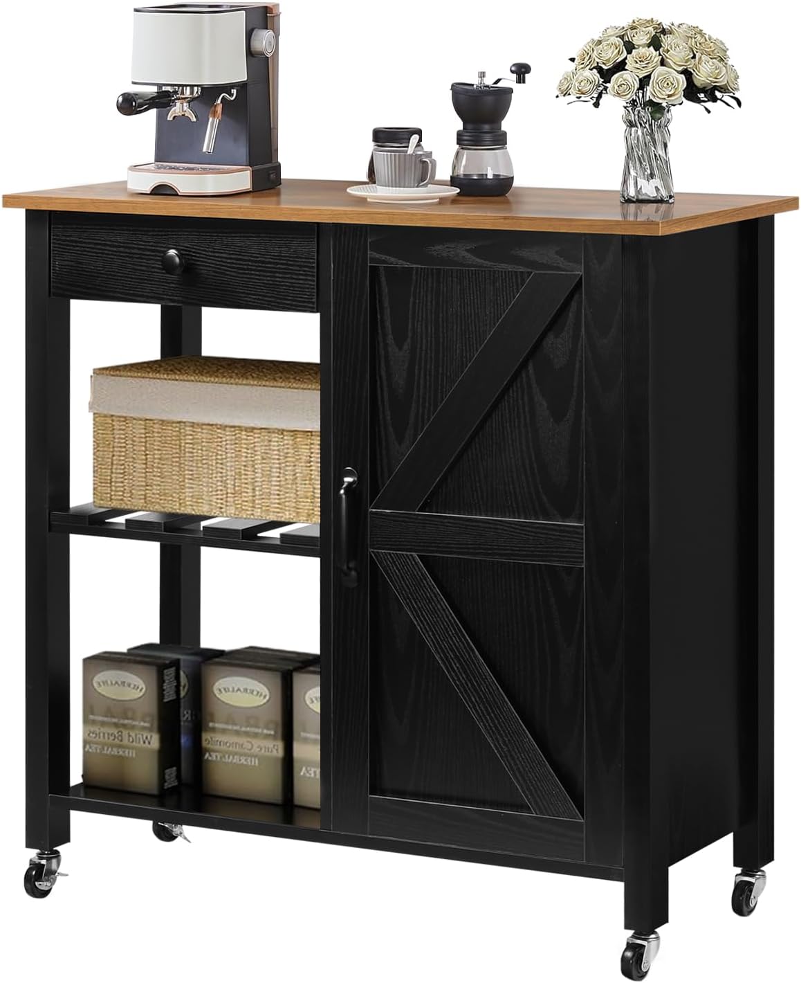 Farmhouse Rolling Kitchen Island - Wine Rack, Barn Door Cabinet