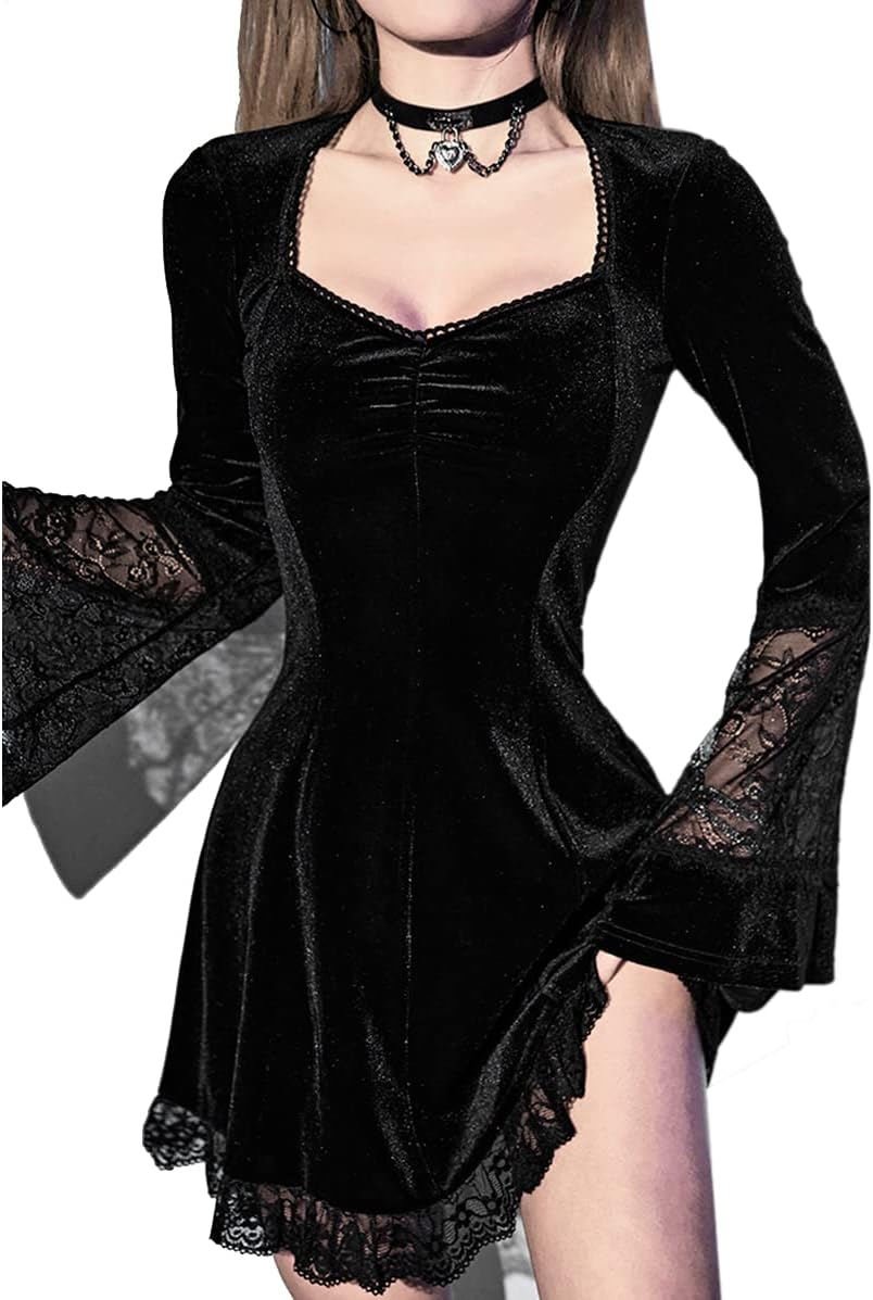 LANSHULAN Contrast Lace Long Sleeve Dress for Gothic Style