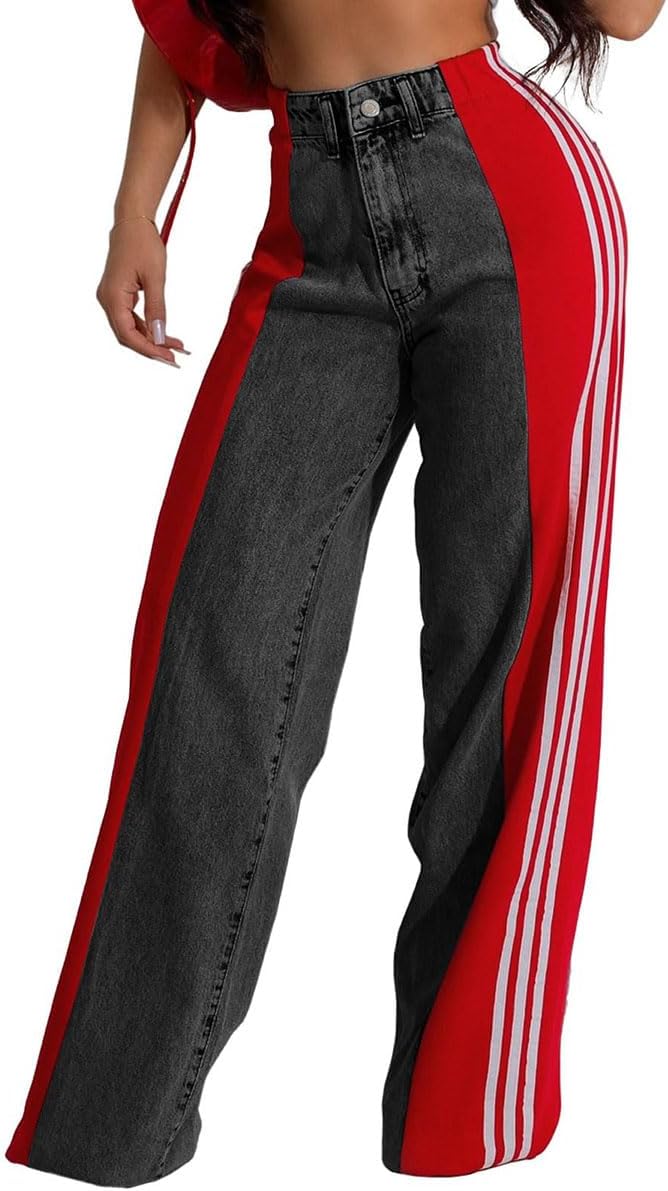 High Waisted Wide Leg Patchwork Stripes Stretchy Jeans for Women