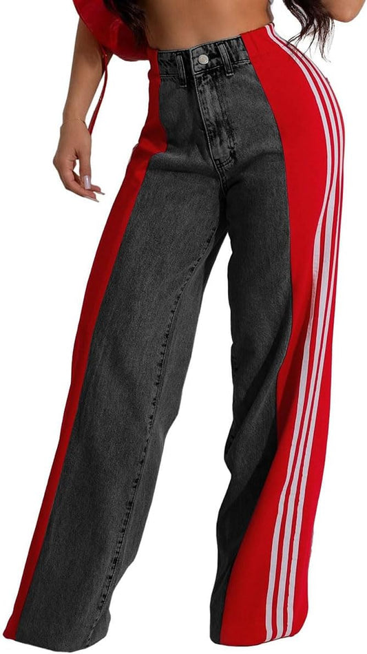 High Waisted Wide Leg Patchwork Stripes Stretchy Jeans for Women