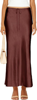 Womens Satin Silk Maxi Skirts Drawstring Flared Casual A-Line Long has