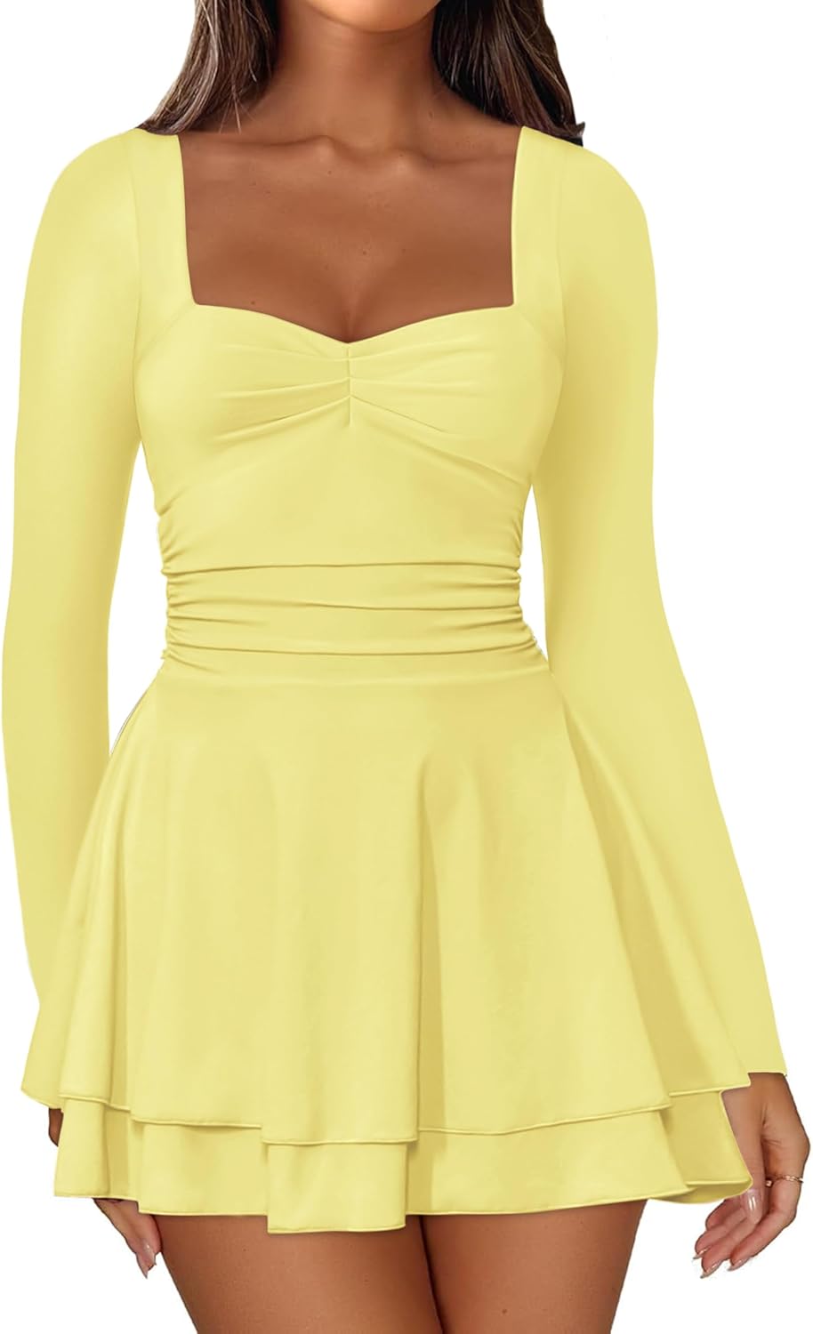 IWD Women's Square Neck Long Sleeve Mini Dress for Parties