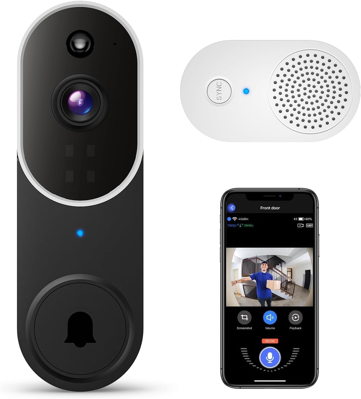 Wireless Video Doorbell with AI Detection & Cloud Storage