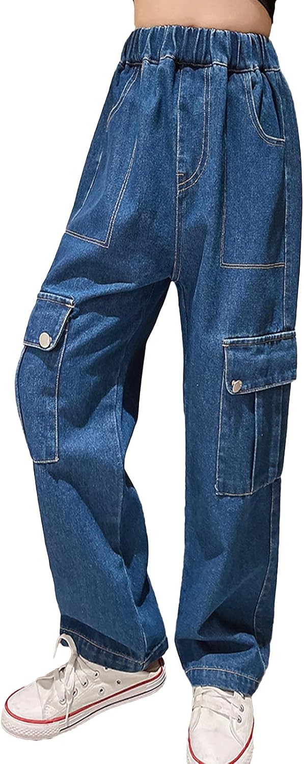 Rolanko Girls Jeans Denim Elastic Waist Wide Leg Baggy Pants