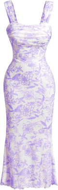 GORGLITTER Floral Ruched Bodycon Midi Dress - Flattering Summer Fit