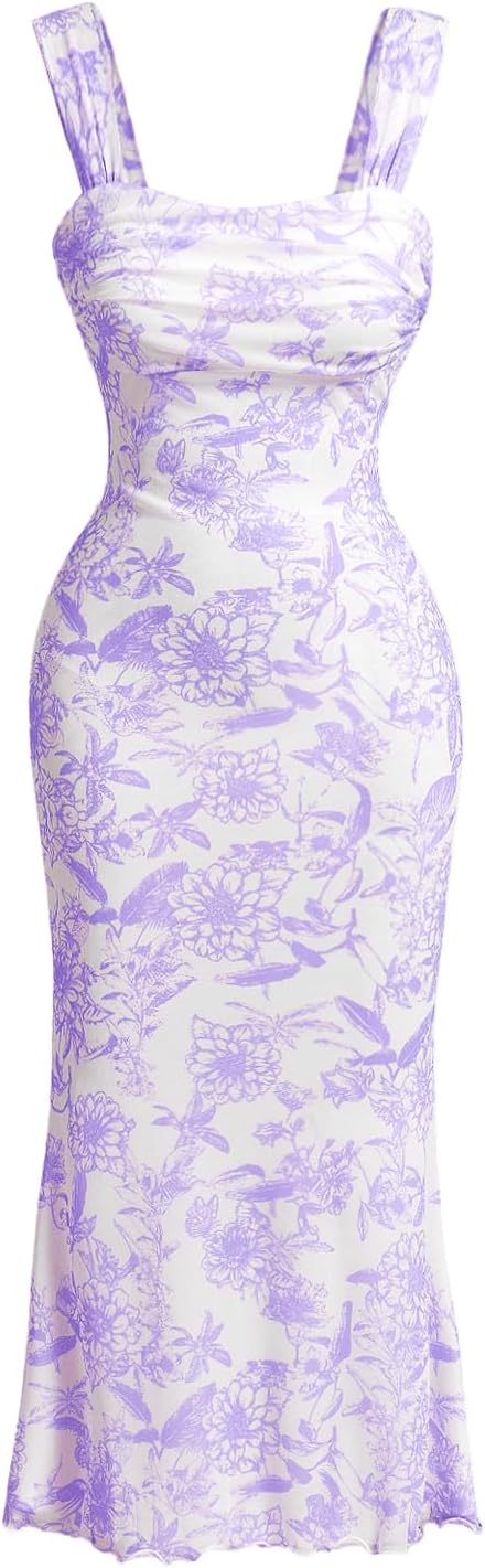 GORGLITTER Women's Floral Ruched Bodycon Midi Dress for Summer
