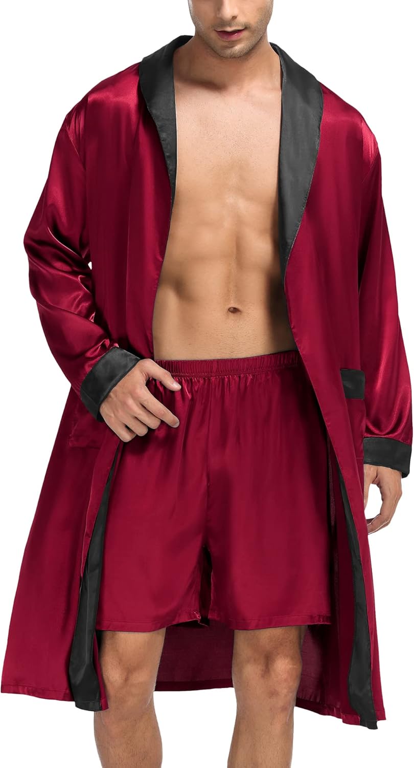 SWOMOG Men's Satin Robe with Shorts Set for Luxurious Comfort