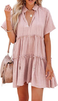 Womens Split V Neck Ruffle Tiered Babydoll Dress - Lightweight Cotton