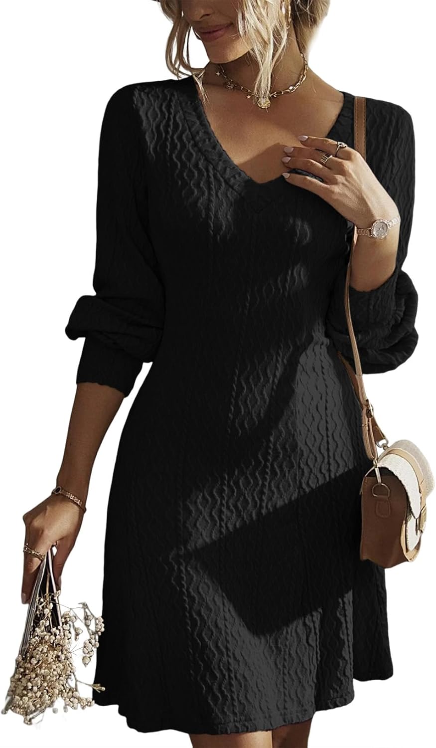 Trendy V Neck Knit A Line Long Sleeve Dress for Fall Weddings