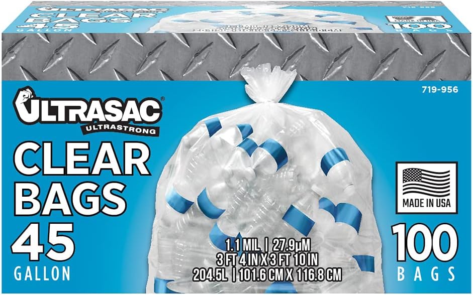 Ultrasac 45 Gallon Recycling Bags - Durable Clear Trash Bags