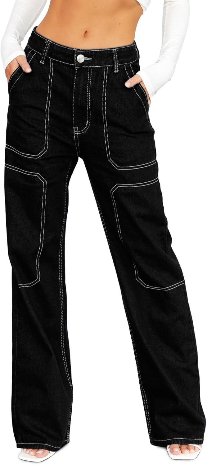 Sidefeel Women's Cargo Jeans: Casual Loose Wide Leg Denim Pants